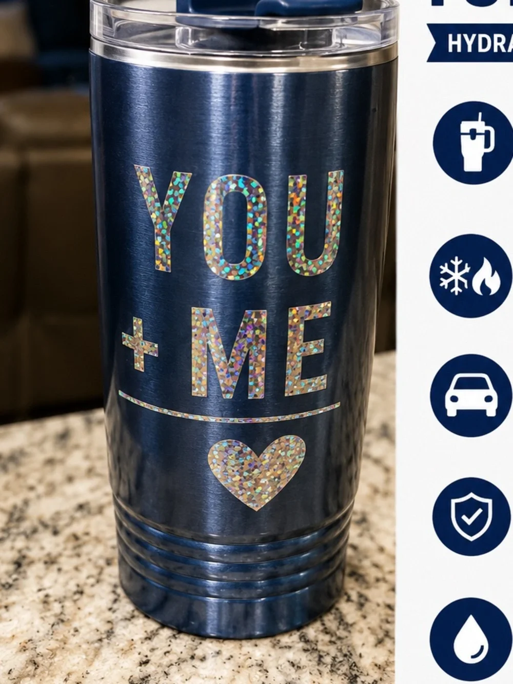 Disney Navy Travel Tumbler with Holographic YOU + ME Design